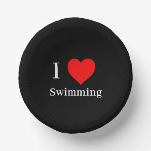 I love Swimming Typography & Red Heart Black Paper Plate