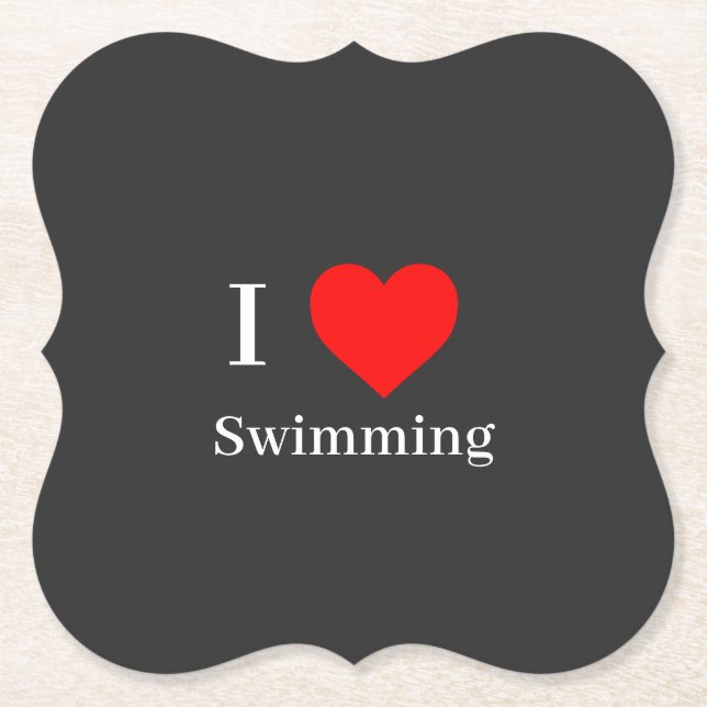 I love Swimming Typography & Red Heart Dark Grey Paper Coaster (Front)