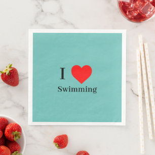 I love Swimming Typography & Red Heart Mint Green Napkin