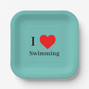 I love Swimming Typography & Red Heart Mint Green Paper Plate