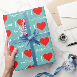 I love Swimming Typography & Red Heart Mint Green Wrapping Paper