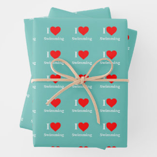 I love Swimming Typography & Red Heart Mint Green Wrapping Paper Sheet