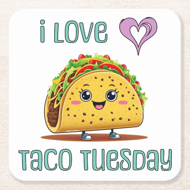 I Love Taco Tuesday Square Paper Coaster (Front)