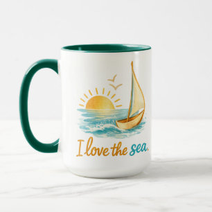I Love the Sea Sailboat Sunset Ocean Illustration Mug