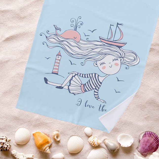 I Love the Sea Whimsical Nautical Personalised Beach Towel (Creator Uploaded)