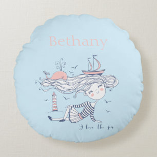 I Love the Sea Whimsical Nautical Personalised  Round Cushion