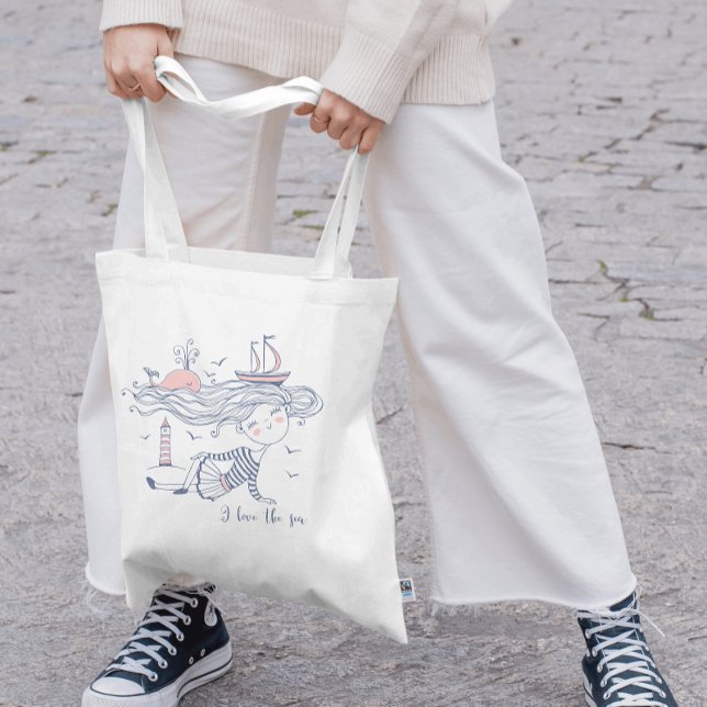 I Love the Sea Whimsical Nautical  Tote Bag (Adorable budget tote for taking to the beach or shopping)