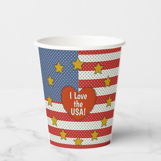 I Love The USA - Red, White, Blue Polka-Dot Flag Paper Cups (Front)