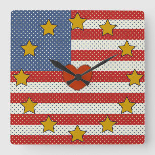 I Love The USA - Red, White, Blue Polka-Dot Flag Square Wall Clock