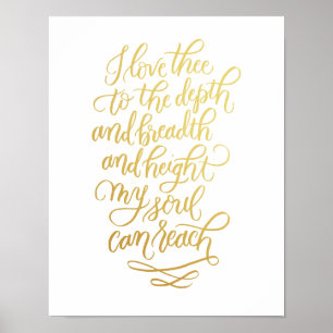 I Love Thee Hand-lettered Poem in Faux Foil Gold Poster