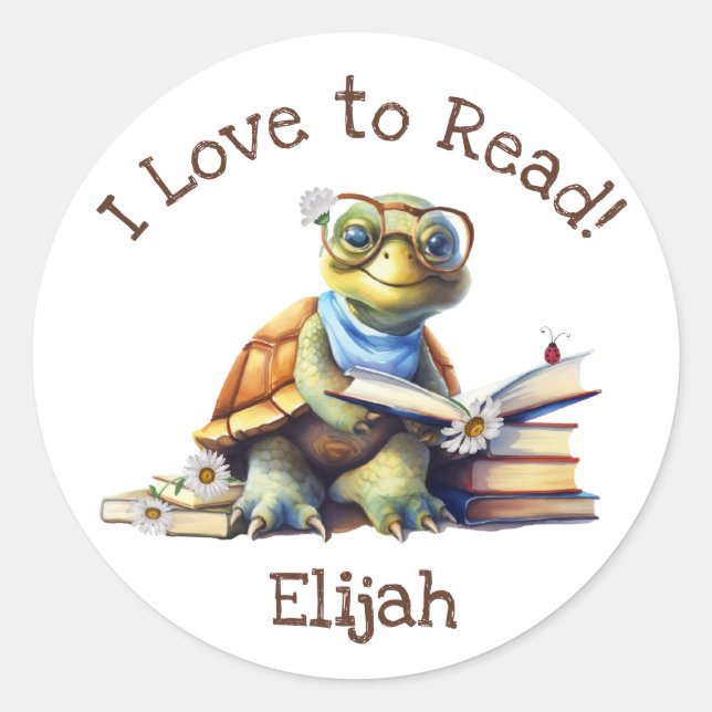 I Love to Read with Cute Baby Turtle Classic Round Sticker (Front)