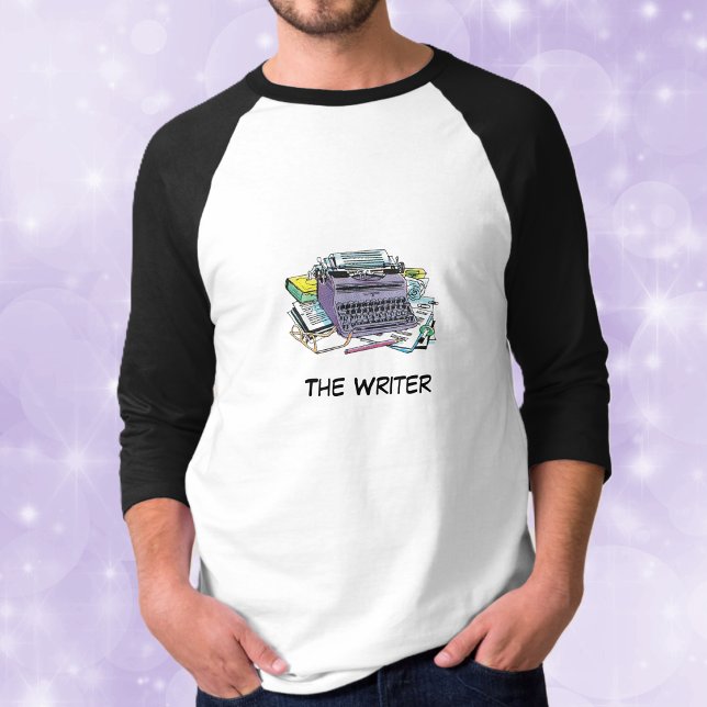 I Love to Write Shirt (Purple manual typewriter pens, paper books for writers on black white mens tee shirt.)