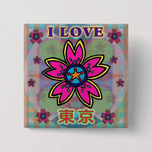 "I LOVE TOKYO" Flowers Kanji Button (Front)