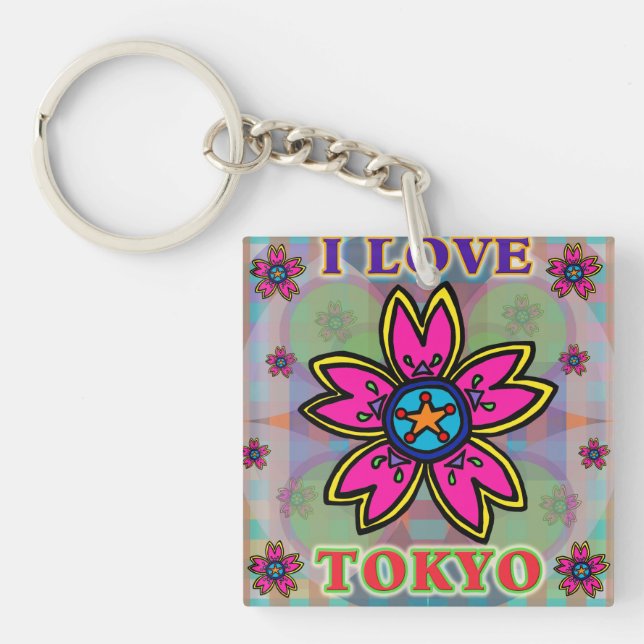 "I LOVE TOKYO" Flowers Keychain (Front)