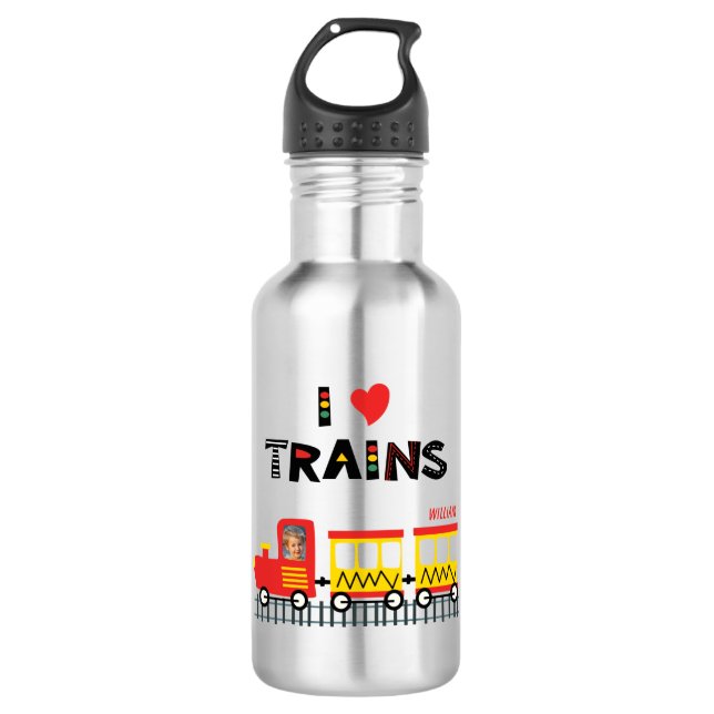 I Love Trains Colourful Kids Photo and Name 532 Ml Water Bottle (Front)