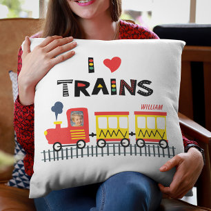 I Love Trains Colourful Kids Photo and Name Cushion