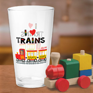 I Love Trains Colourful Kids Photo and Name Glass