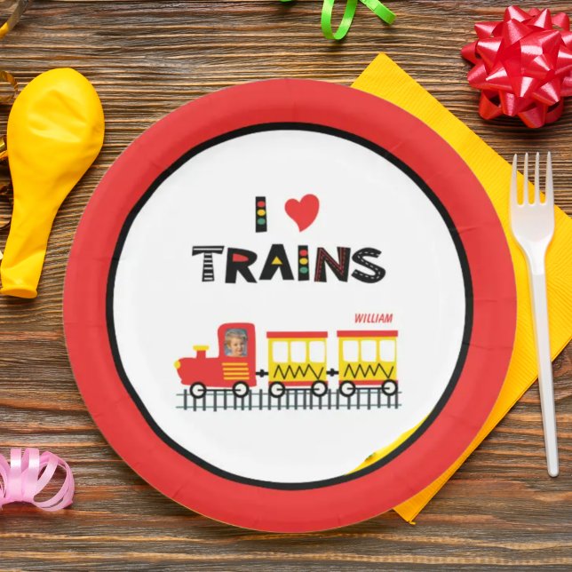 I Love Trains Colourful Kids Photo and Name Party Paper Plate (Creator Uploaded)