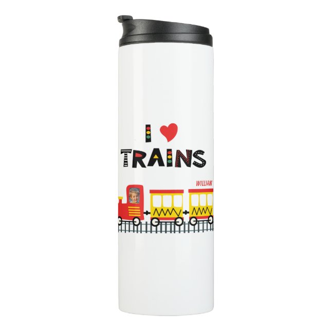 I Love Trains Colourful Kids Photo and Name Thermal Tumbler (Rotated Right)