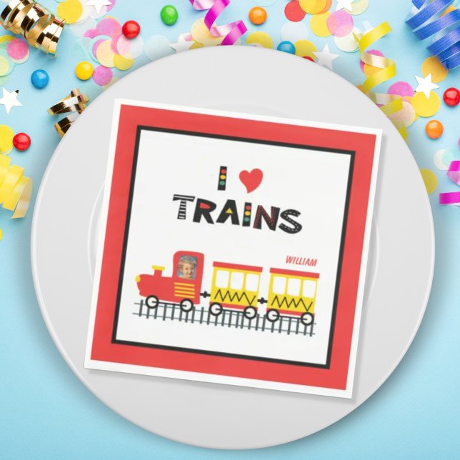 I Love Trains Colourful Kids Photo Name Party Pape Napkin (Creator Uploaded)