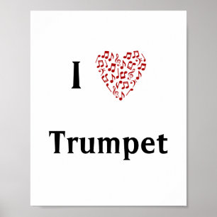 I Love Trumpet Red Heart of Music Notes Poster