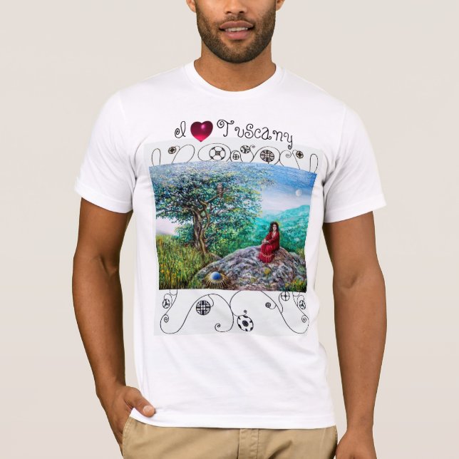 I LOVE TUSCANY /Dawn In Green Wood and Lady in Red T-Shirt (Front)