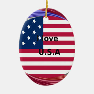I Love U.S.A. Swirl: Patriotic Heart Art Print  Ceramic Tree Decoration