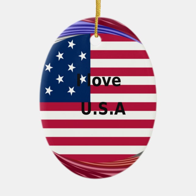 I Love U.S.A. Swirl: Patriotic Heart Art Print  Ceramic Tree Decoration (Front)