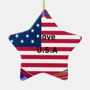 I Love U.S.A. Swirl: Patriotic Heart Art Print  Ceramic Tree Decoration