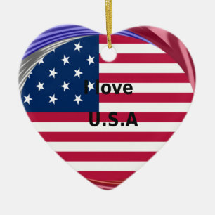 I Love U.S.A. Swirl: Patriotic Heart Art Print Ceramic Tree Decoration