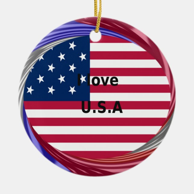 I Love U.S.A. Swirl: Patriotic Heart Art Print  Ceramic Tree Decoration (Front)