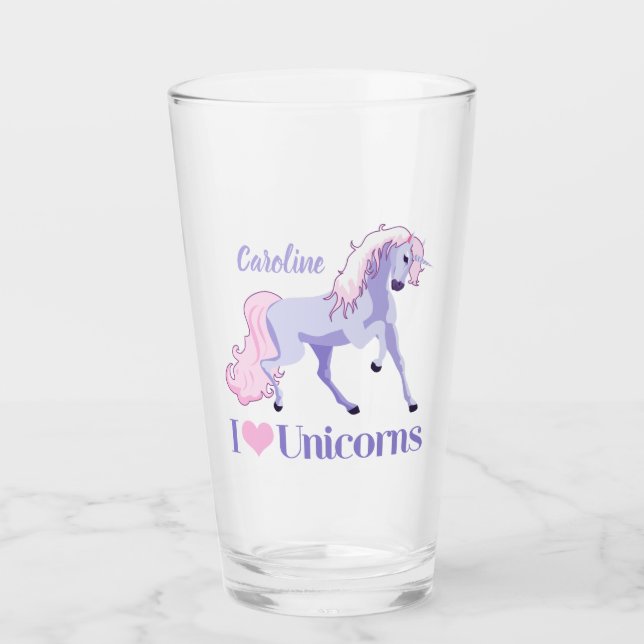 I Love Unicorns Cute Custom Unicorn Glass (Front)