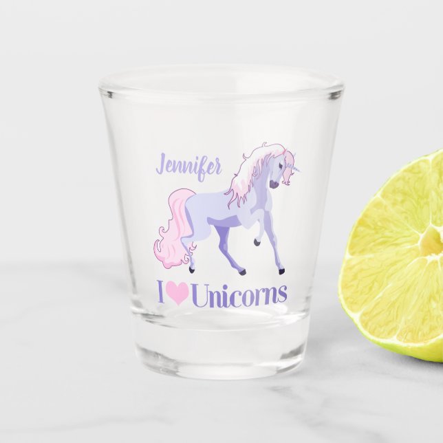 I Love Unicorns Cute Custom Unicorn Shot Glass (Front)