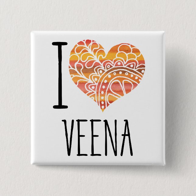 I Love Veena Orange Mandala Heart 15 Cm Square Badge (Front)