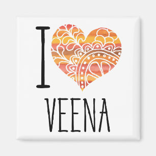 I Love Veena Orange Mandala Heart Magnet