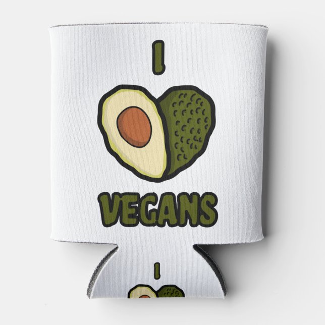 I love Vegans Heart shaped avocado Can Cooler (Front)
