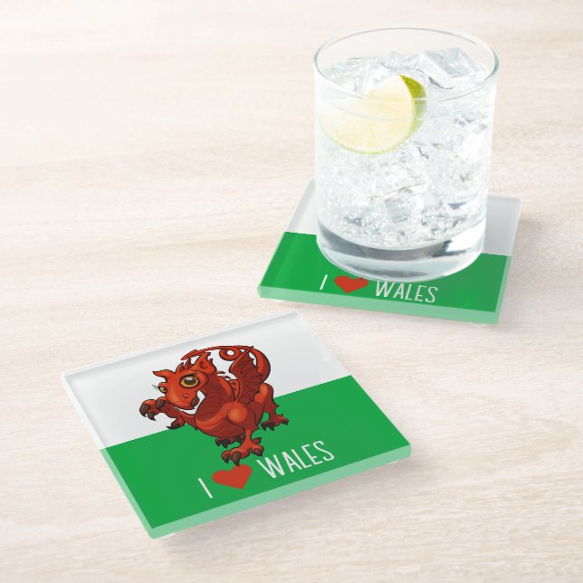 I Love Wales Flag Little Welsh Red Dragon Cartoon Glass Coaster (Angled)