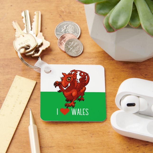 I Love Wales Flag Little Welsh Red Dragon Cartoon Key Ring (Desk)