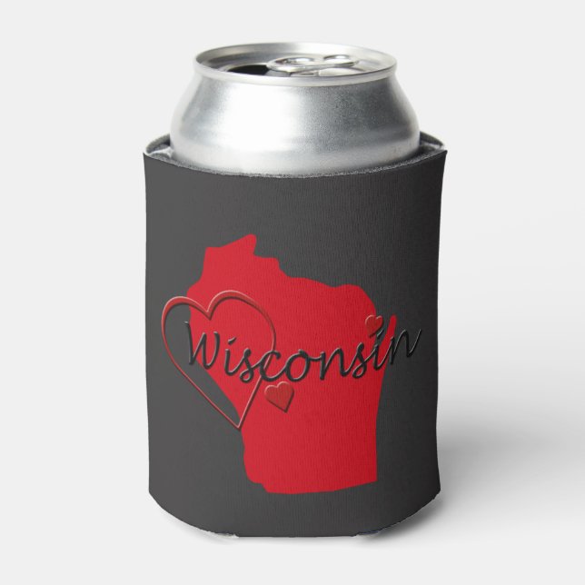 I Love Wisconsin Hearts Map Can Cooler (Can Front)