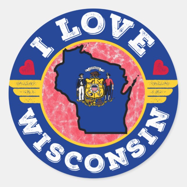 I Love Wisconsin State Map and Flag Classic Round Sticker (Front)