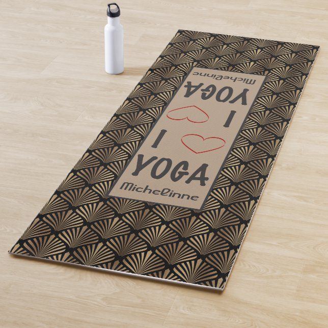I love YOGA script Gold Art Deco Pattern Monogram Mat (In Situ)