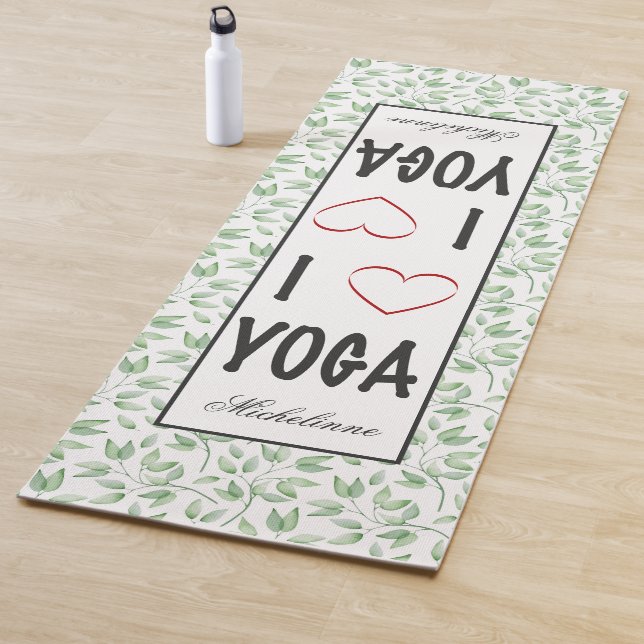 I love YOGA script Green Leaves Pattern Monogram Yoga Mat (In Situ)