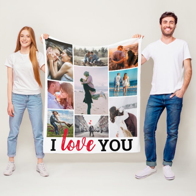 'I Love You' 9 Photo Collage Fleece Blanket (In Situ)