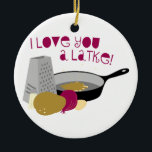 I Love You A Latke! Ceramic Tree Decoration<br><div class="desc">Holidays Around the World: Celebrate Hanukkah with this delicious and crispy recipe designed by Embroidery patterns!</div>