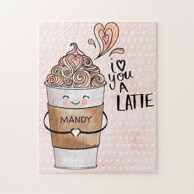I Love You A Latte Cute Kawaii Coffee Cup & Hearts Jigsaw Puzzle (Vertical)