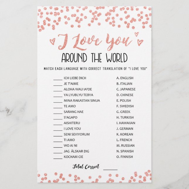 I love you around the world game with Answers (Front)