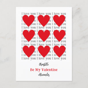 I Love You Be my Valentine Red Hearts Holiday Postcard