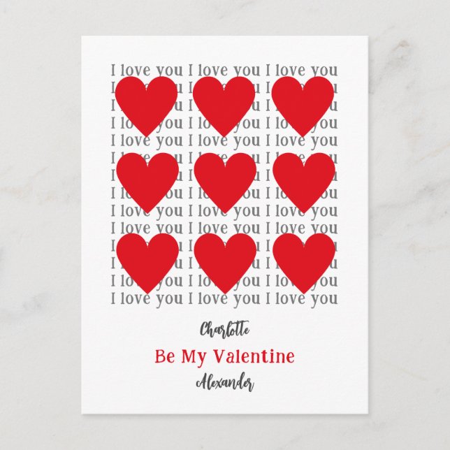 I Love You Be my Valentine Red Hearts Holiday Postcard (Front)
