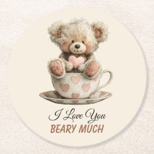 I Love You Beary Much In Cup Postcard Round Paper Coaster