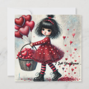 I love you because little girl red glitter hearts holiday card